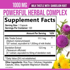Milk Thistle Supplement - Liver Cleanse Detox & Repair Formula with Dandelion 1000mg Supplements - Nature's Herbal Milk Thistle Extract w/Silymarin Marianum, Supports Liver Health - 120 Capsules