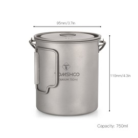 TOMSHOO Ultralight 750ml Titanium Pot Portable Titanium Water Mug Cup with Lid and Foldable Handle Outdoor Camping Cooking Picnic