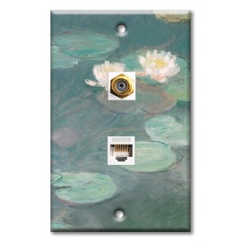 Art Plates - Decorative Printed 2 Port Data Wall Plate, RJ11 Telephone Jack Connector with RJ45 (Cat5, Cat6, Cat7) Ethernet Connector, Gold-Plated - Monet: Water Lilies (close up)