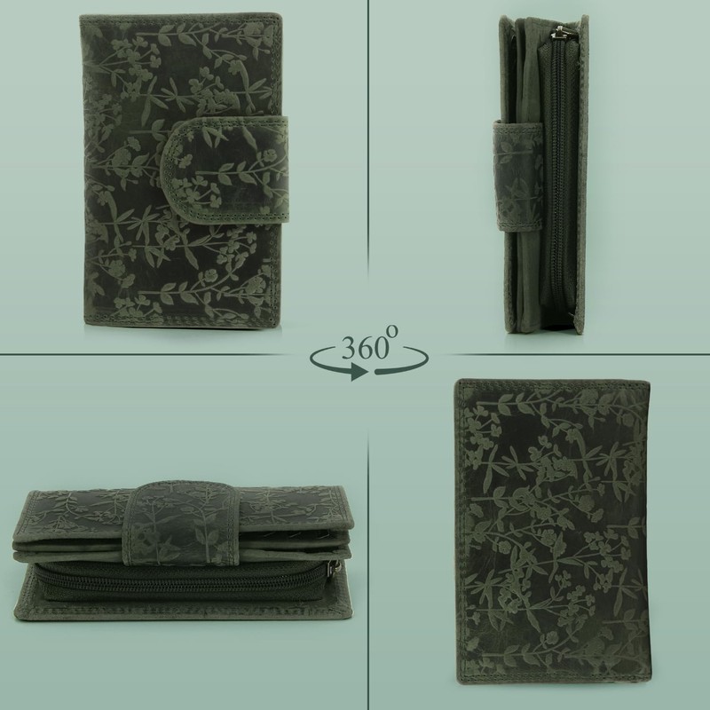 ekavale Ladies Floral Pattern RFID Protection Leather Multi Pocket Tri