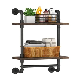 Helsin Industrial Pipe Floating Bathroom Shelves Wall Mounted with Towel bar, 2 Tier Rustic Wood Wall Shelf, 16inch Metal Towel Rack Storage Bookshelf for Bathroom, Kitchen, Farmhouse, Living Room