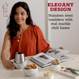 Gusto Nostro White Marble Wine Chiller for Glass and Stainless Steel Tumbler Set of 2 - Freezable Wine Glass Chiller Holder - Cool Set of Chillers and Stemless Metal Wine Tumblers for HomeBar (Silver)