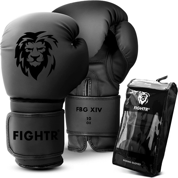 FIGHTR® Premium Boxing Gloves, All Black, Men and Women, Sports, Boxing, Martial Arts, Muay Thai, Kickboxing, Training, Sparring, 8, 10, 12, 14, 16 oz, Includes Storage Bag
