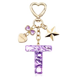 TTYY Glitter Initial Letter Keychain Gift for Women Girl, Cute Purple Keychains with Heart and Star Charm Keyring for Handbag Backpack