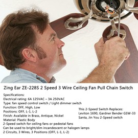 Ceiling Fan Switch Zing Ear ZE-228S 2 Speed 3 Wire Ceiling Fan Pull Chain Switch Speed Control Switch for Ceiling Fans, Wall Lamps, Cabinet Light, 2Pack Brass