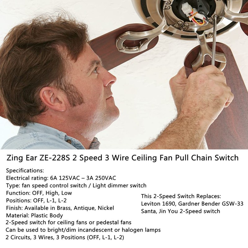 Ceiling Fan Switch Zing Ear ZE-228S 2 Speed 3 Wire