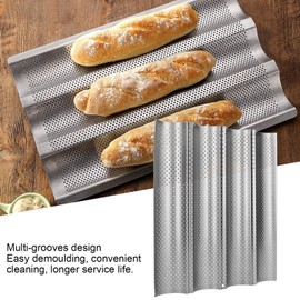 French Bread Pan Thickened Perforated Multi Slot Baguette Baking Pan Non Stick MultiGrooves Waves French Bread Pan Cooking Tray Mould Kitchen Tool (Four Slots)