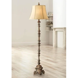 Regency Hill Rustic French Country Traditional Style Floor Lamp Standing 62" Tall Faux Wood Antique Candlestick Beige Silk Fabric Bell Shade Cottage Core Decor for Living Room Reading House Bedroom