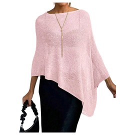 GORGLITTER Women's Sheer Knit Poncho Boat Neck Bat Wing Knit Tops Lightweight Pullover Sweater 2025 Trendy Pink Medium