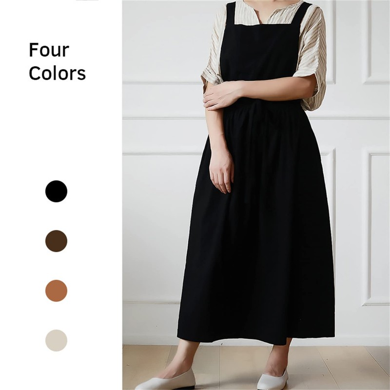 ACHSOO Cotton Solid Color Pinafore with Pockets Cross Back Straps