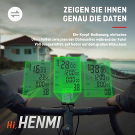 HENMI Wireless Bicycle Computer, 3.2 Inch Multifunction Bicycle Speedometer, Wireless Large Screen, IP65 Waterproof, Automatic Wake-up Bicycle Speedometer, Odometer, Backlight