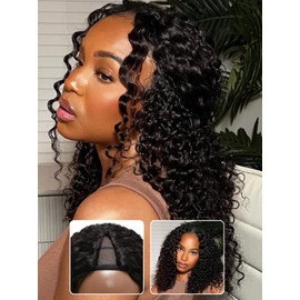 Nadula EasiContour V Part Jerry Curly Glueless Wigs Human Hair No Leave Out Upgraded U Part Wigs for Women Affordable Clip in Half Wig Beginner Friendly 150% Density Natural Color 20inch