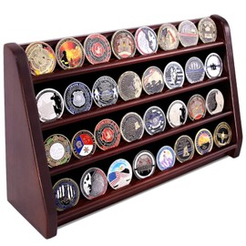 ASmileIndeep 4 Rows Military Wooden Challenge Coin Display Case - Wall Mountable Army Holder Stand Rack, Holds 32 Coins, Mahogany