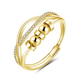 Bewenda Silber Anxiety Ring, 925 Sterling Silber Angst Ringe für Frauen Damen, Gold Bead Spinner Fidget Ring mit Zirkon, Verstellbar Offen Anti Stress Ringe, Unendlichkeit Stimmungsring mit 5 Perlen