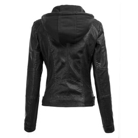 Lock and Love LL WJC1044 Women’s Faux Leather Moto Biker Jacket with Removable Hood – Zip Up Short Coat with Pockets, Fall Fashion Outerwear XL Black