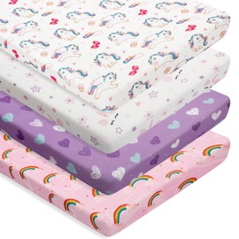4 Pack Soft Baby Girl N Play Sheets for Mini Crib Mattress Unicron Rainbow Heart Cute Neutral Polyester Unisex Fitted Mini Crib Sheets Set for Baby Girls
