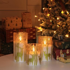 Flameless Candles with Remote and Timer, Battery Operated LED Electric Candles with Real Wax, Golden Trees, Deer & Glitter Accents - Flickering Christmas Decor for Home & Holiday Parties Set of 3