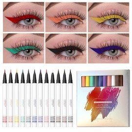 12 Pcs Colorful Eyeliner, Ofanyia Rainbow Colorful Matte Liquid Eyeliner Set, Waterproof Long-lasting Smudge Proof Highly Pigmented Colored Eyeliner Pencil Quick Dry Eye Makeup Pen