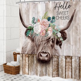Opeoddie Funny Highland Cow Shower Curtain Farmhouse Rustic Wooden Barn Western Bull Shower Curtain Set Farm Animal Cattle Bath Curtain Modern Country Bathroom Accessories Home Decor 72x72 12 Hooks