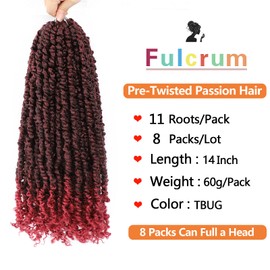 Fulcrum Passion Twist Crochet Hair 14 Inch, 8 Packs Pre Looped Passion Twist Hair, Pre-Twisted Passion Twist Crochet Hair For Black Women (14Inch (Pack of 8), TBUG#)