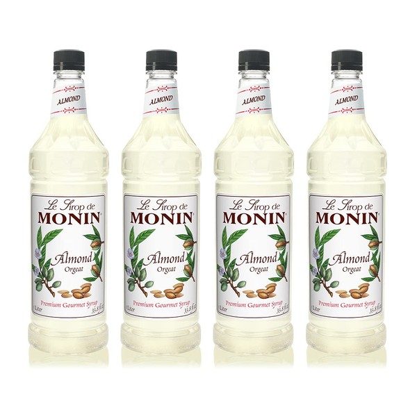 Monin - Almond Syrup, Sweet and Rich Nutty Aroma, Natural Flavors, Great for Coffee Drinks and Specialty Cocktails, Non-GMO, Gluten-Free (1 Liter, 4-Pack)