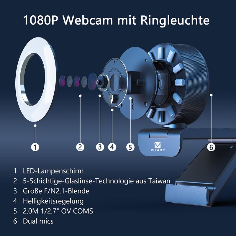 VITADE 960A Pro Webcam with Light, Streaming Cam with Microphone,
