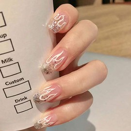 Brishow Coffin False Nails Flame Press on Nails Short Fake Nails Full Cover Stick on Nails 24pcs for Women and Girls