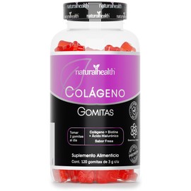 Natural Health. Gomitas de Colágeno, Biotina y Ácido Hialurónico. Sabor Fresa. 120 gomitas 3g. Ingredientes naturales.                                