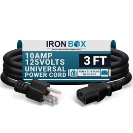 AC Power Cord, 5-15P to C13, 3 Foot, Black, 10A/125V, 18/3 AWG - Iron Box Part # IBX-4908-03