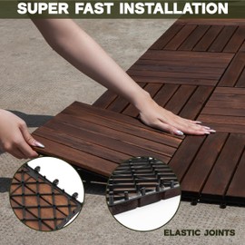 VICTORY RELAX Acacia Wood Patio Deck Tiles - 9 Pcs 6 Slats Interlocking Decking Tiles for Patio Decor, Waterproof Indoor & Outdoor Use, Balcony Garden Decking Tile (12.24 * 12.24 * 0.75 inches) Brown