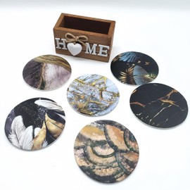 Coasters Sets of 6 Pack, Drink Wooden Coasters with Holder, for Tabletop Protection, Suitable for Kinds of Cups, Wooden Table, Cute Home Decor, Coasters Modern House Warming Gift, 9.5 CM