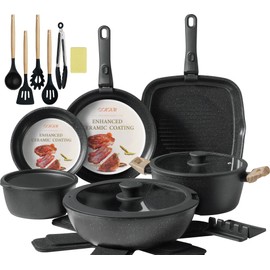 23Pcs Ceramic Cookware Set Non Stick Pots and Pans Set Non Toxic with Detachable Handle Induction Kitchen Cookware Set Space Saving, Oven & Dishwasher Safe, Black