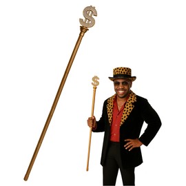 Nicky Bigs Novelties Gold Jeweled Money Cane 49.5" Adjustable Staff with Dollar Symbol, Cosplay Scepter, Halloween Prop Costume, Magician Stage Accessory, Walking Stick for Men, One Size