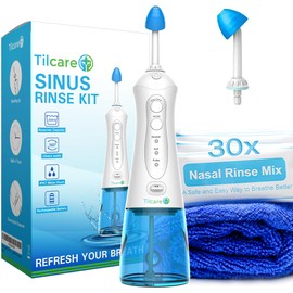 Nasal Irrigation System by Tilcare - Perfect Nasal Rinse Machine for Sinus & Allergy Relief - Electric Neti Pot for Nasal Irrigation to Cleanse Your Stuffy Nose - Comes with a Towel and 30 Salt Packs