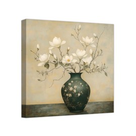 DOARTDO Magnolia Canvas Wall Art Vintage Floral Painting White Flower in Vase Pictures Elegant Magnolia Prints Farmhouse Zen Bathroom Home Decor Framed (Brown, (12.00"x12.00"))