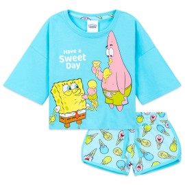 SPONGEBOB SQUAREPANTS Girls Pyjamas Set Short PJs Kids Teens Lounge Set Nightwear Soft Summer Sleepwear Gifts for Girls (3-4 Years, Blue Cropped)