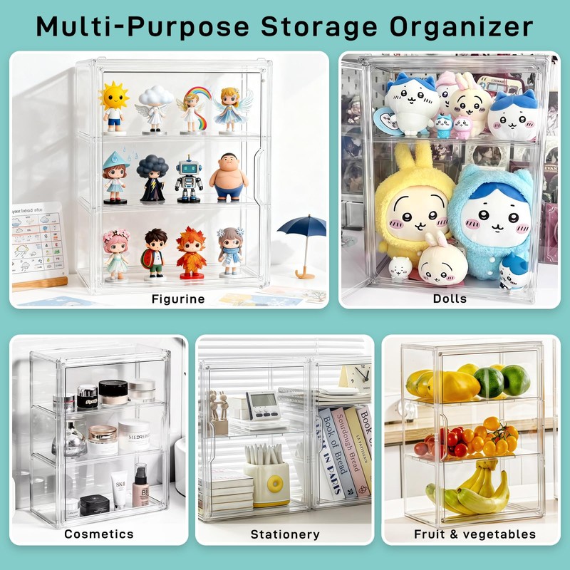 3 Tier Acrylic Display Case for Figures, Stackable Clear Storage