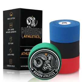 Bighorn Athletics Sports Tape & Medical Tape, Wrist Tape & Ankle Support Tape, EZ-Tear Zinc Oxide Infused Tape for Sensitive Skin, First-Aid Tape, 1.5-Inch x 45-Feet, 4 Rolls (Black, Blue, Red, Green)