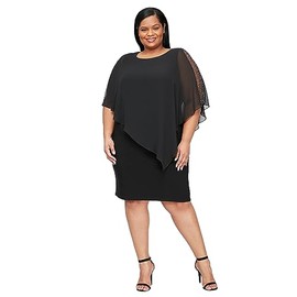 S.L. Fashions Women's Plus Size Short Sheath Caplet Gown with Asymmetric Overlay, Mother of The Bride Dress, Black Sleeve Detail, 22W