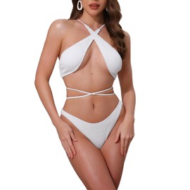 Elerevyo Women's Criss Cross Ribbed Knit Bikini Sets, 2 Piece Strappy Top Triangle Bottom Swimwear Bathing Suits Medium White