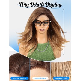 HAIRCUBE Long Wavy Wigs for Women with Partial Bangs, Heat Resistant Fibre Synthetic Lace Front Wig Golden Brown Color