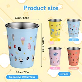 TranRantic 4 Pcs Stainless Steel Kids Cups, 12oz/350ml Kids Drinking Cups with Fun Cartoon Prints for Boys＆Girls, Stackable Reusable Water Cups for Home, Camping, Travel (Blue Yellow Lilac Orange)