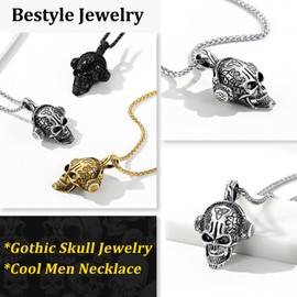 Bestyle Stainless Steel Large Vintage Celtic Skull Necklace Novelty Punk Skeleton with Headphone Pendant for Men High Polished with 22 Inches Spiga Chain