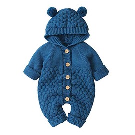 OBEEII Infant Baby Boy Girl Knitted Hoodie Bear Ear Hooded Jumpsuit Overalls Bodysuit Deep Blue 6-12 Months