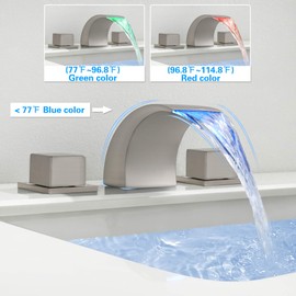 LED Waterfall Bathroom Faucet Waterfall Tub Faucet with Lights 3 Colors Change Widespread Dual Handle 3 Holes Bathtub Faucet, SKOWLL Brushed Nickel Finished