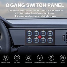 IZTOSS RGB 8 Gang Dimmable LED Switch Panel Toggle & Momentary 3 Modes with Memory Function for 12-24V Universal Relay System Perfect for Yachts, Trucks, Off-Road Vehicles, RVs, SUVs, UTVs, and ATVs.