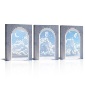 xiysien Window View Wall Art Blue Cloud Sky Wall Decor Nature Photography Realism Scenic Landscape Canvas Print Artwork for Living Room Bedroom Bathroom Office 12''x16''x3PCS