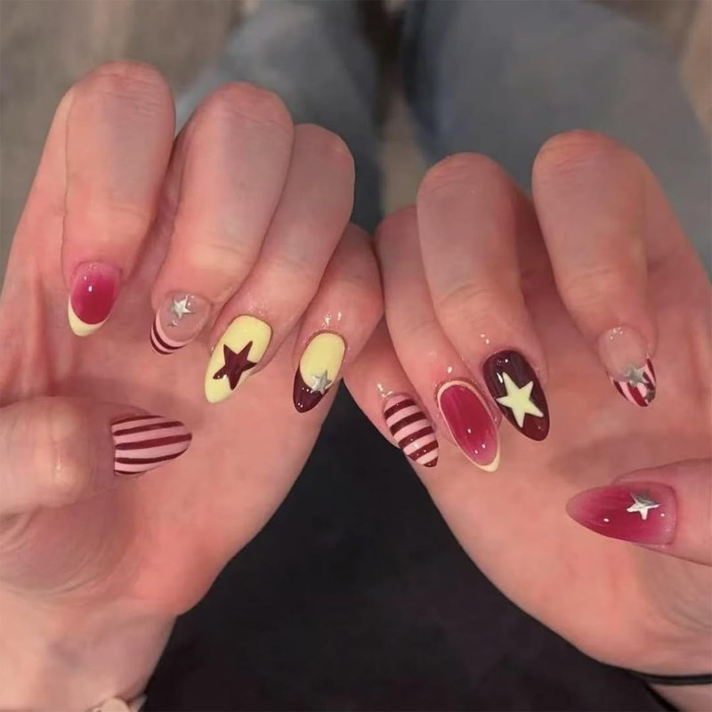 Glamoreal Medium Almond-Shaped Press-On Nails – Cute Striped Y2K-Style Nails,