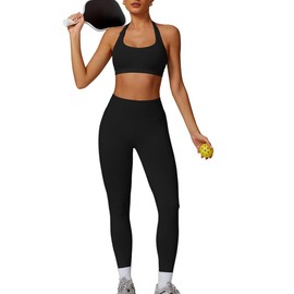 Seamless Workout Sets for Women 2 Piece Halter Backless Sports Bras Hidden Scrunch Leggings Yoga Outfits Gym Tracksuit