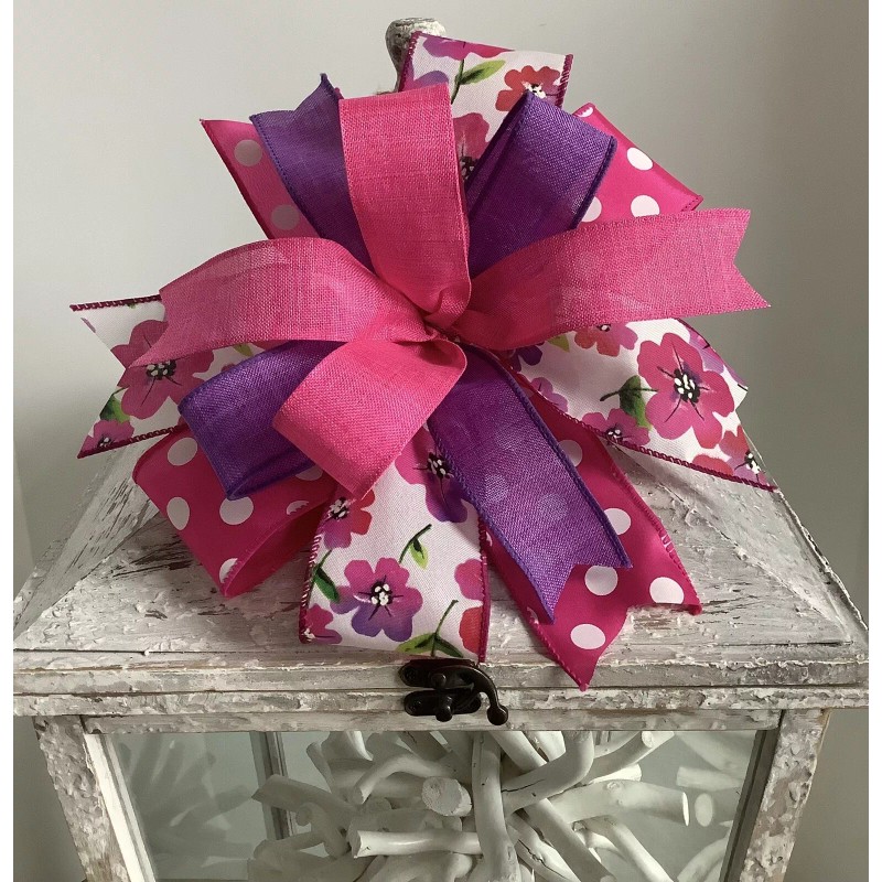 Handmade 10" Pink & Purple Easter Wreath Bow, Spring Lantern